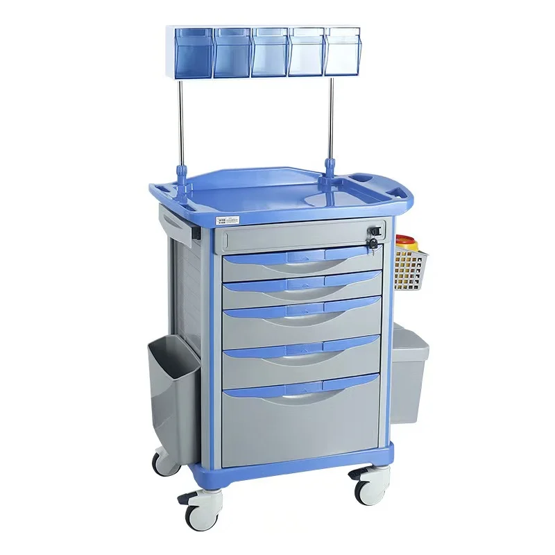 abs-anesthesia-cart-5-drawers-medical Medical ABS anesthesia cart with 5 drawers (2 small + 2 medium + 1 large), IV pole, and locking casters