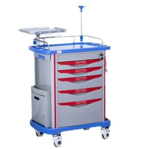 Medical ABS emergency crash cart with 4 drawers, IV pole, and locking wheels for hospital resuscitation