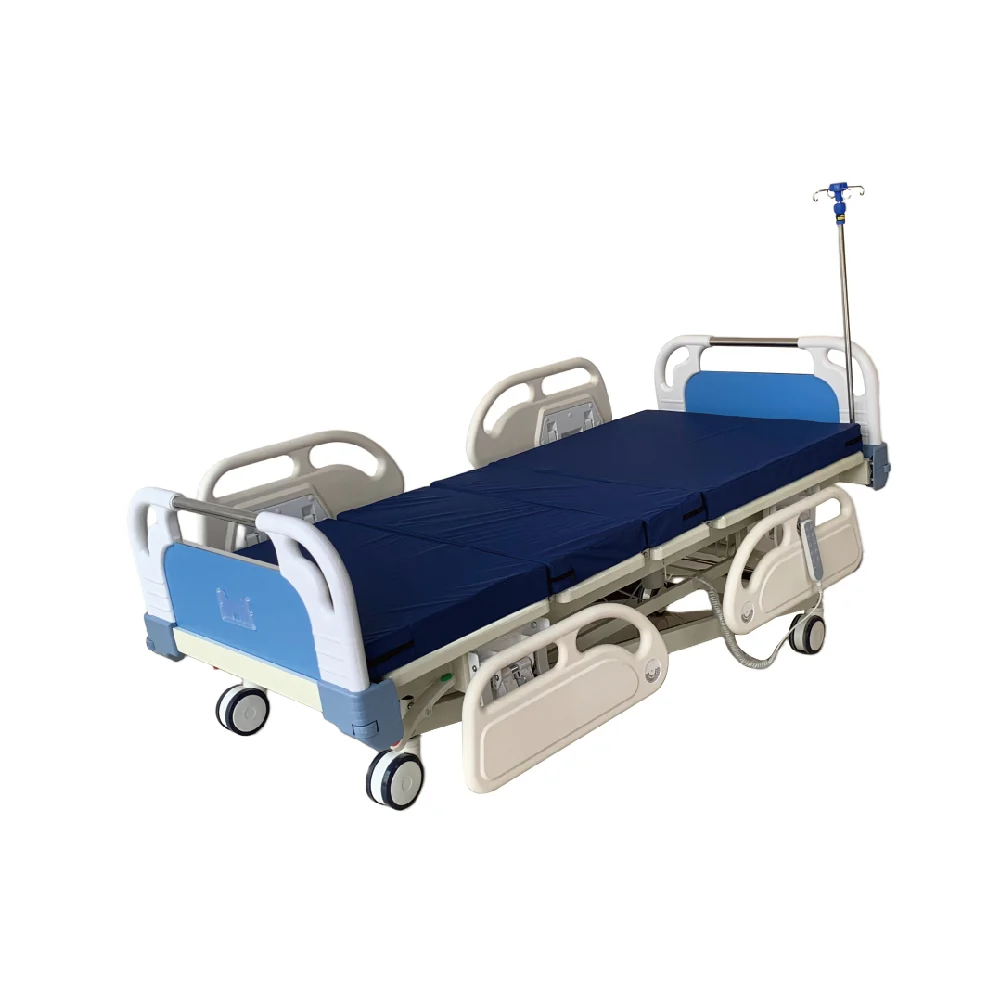 5-function-electric-hospital-bed-medical-adjustable-care-bed Modern electric medical bed with 5 motorized functions: backrest/legrest/height/tilt/CPR. Features siderails, IV pole & handheld remote. ICU-grade mattress included.