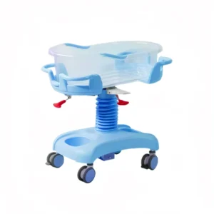 Close-up of medical baby cot's antimicrobial mesh wall, IV pole mount, and one-hand release safety rail lock