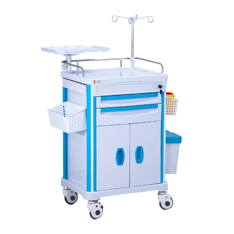 abs-emergency-crash-cart-double-door-system Medical ABS emergency crash cart with double doors, rotating defibrillator platform, height-adjustable IV pole