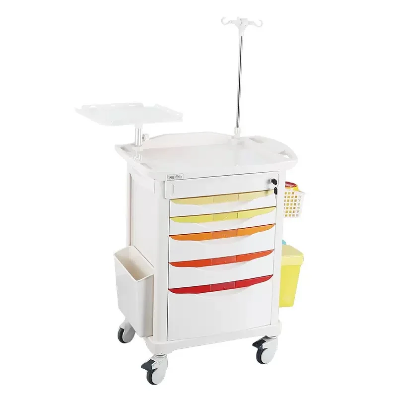 abs-emergency-crash-cart-medical-response-unit ABS emergency crash cart with 5 drawers (2 small, 2 medium, 1 large), dual waste bins, defibrillator shelf & IV pole. Red body with clear medical labeling.
