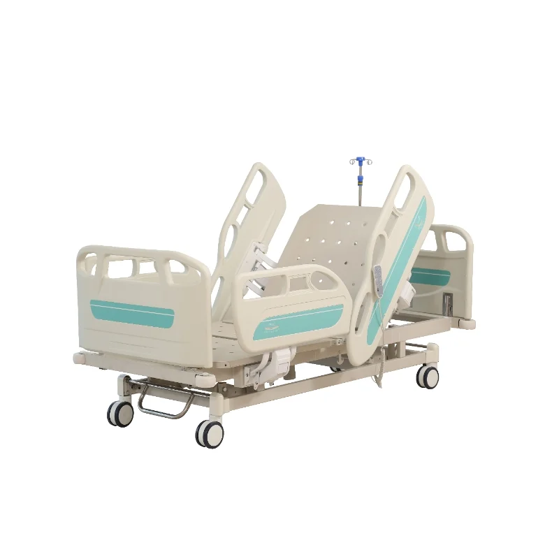 central-brake-casters-medical-bed Electric 4-function medical care bed with adjustable backrest, leg rest, height, and synced movement