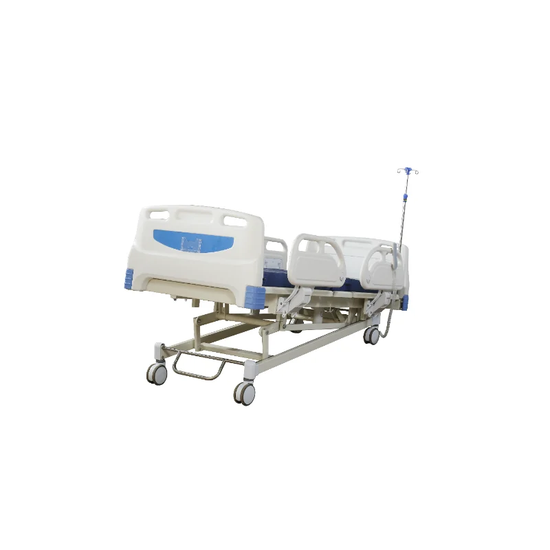 hospital-grade-electric-bed-height-adjustment ICU hospital bed with 4-side railings, IV pole mounts, and anti-decubitus mattress compatibility