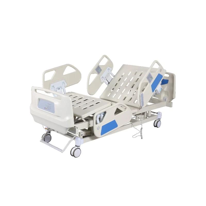 multi-control-electric-hospital-bed-side-foot-panel-remote Electric nursing bed with dual side control panels, foot panel, and handheld remote for easy adjustments