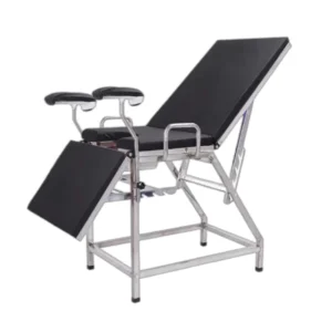 Stainless steel obstetric examination bed featuring adjustable backrest, leg supports, medical-grade leather upholstery, utility opening, and 2 brake casters + 2 swivel casters.
