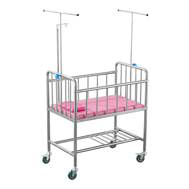 stainless-steel-medical-baby-stroller-iv-pole-mosquito-net-adjustable-knobs Stainless steel medical baby stroller featuring IV pole, mosquito net rods, adjustment knobs, welded frame, mattress, and bottom storage shelf with brake wheels.