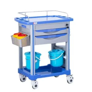 ABS medical treatment cart (75x48x92cm) with 2 drawers, 2 removable plastic baskets, dual waste bins & sharps containers. Red frame with clinical accessories.